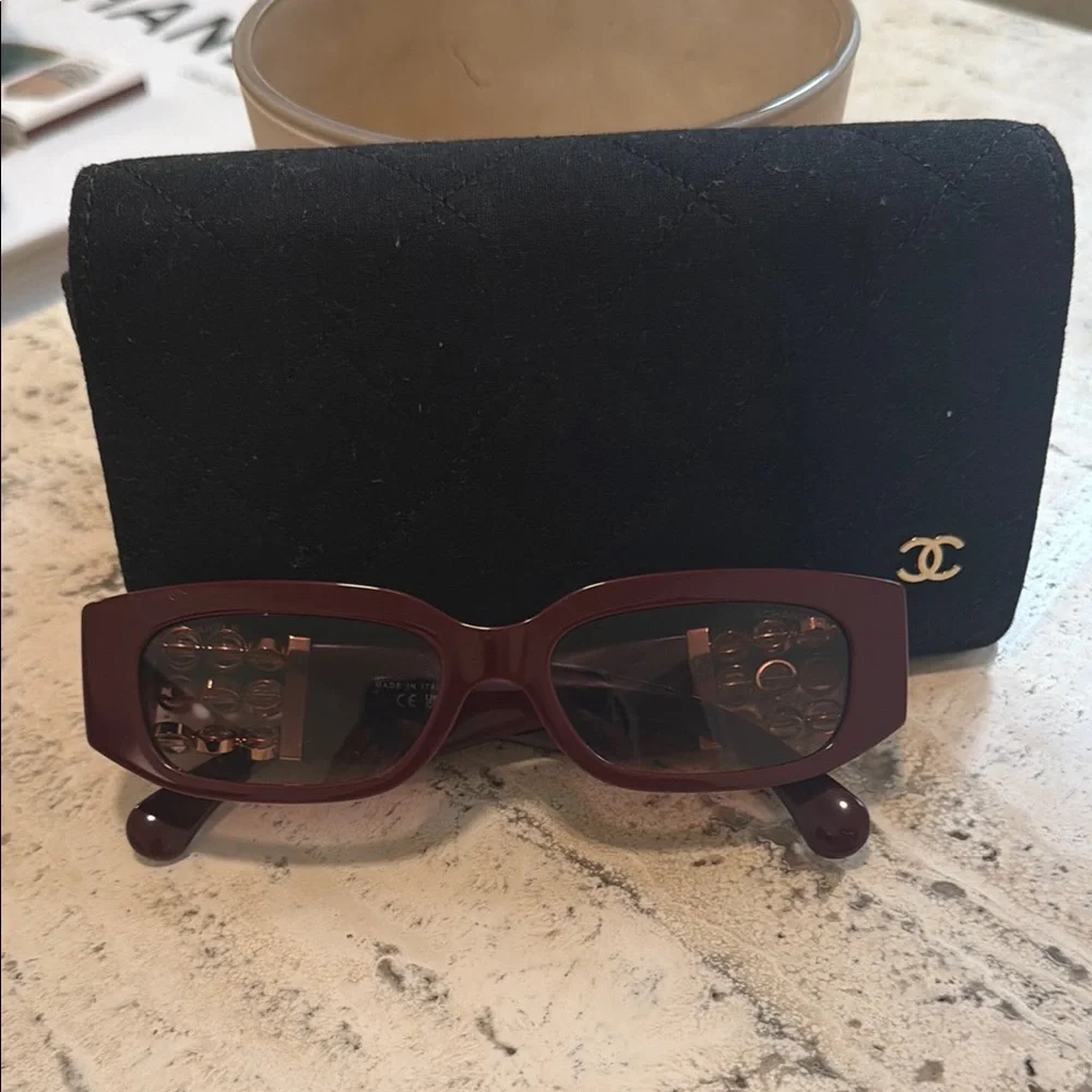 Chanel Burgundy Rectangular Sunglasses with Quilted Case